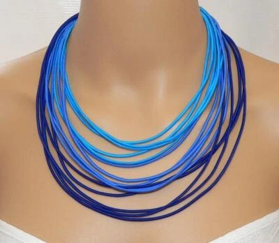 Kette Halskette Collier Statement Textil mehrreihig blau hellblau türkis  393a - Bild 1 von 4
