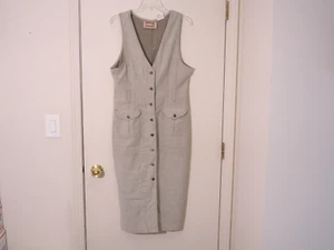Vtg STUDIO EASE Khaki Cotton V-Neck Pockets Buttons Sleeveless Long Dress Sz 12P - Picture 1 of 3