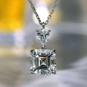 3 Ct Asscher Moissanite Solitaire Pendant 14K White Gold Plated Free 18" Chain - Picture 1 of 6