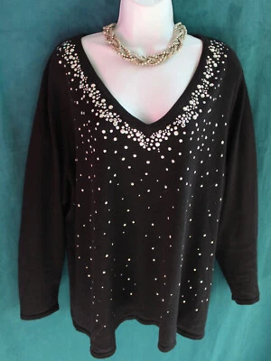 VERVE AMI Black Cotton Acrylic Sweater Silver Stud V-Neck 2X Long Sleeve Pull On - Imagem 1 de 4