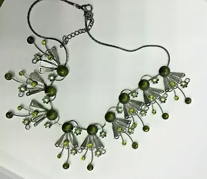 Vintage Dark Silver Metal Green Colour Crystal Filigree Necklace/Pendant 1980' - Picture 1 of 8