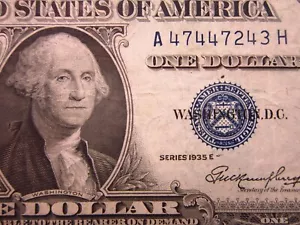 USA $1 1935 E A47447243H # SILVER Certificate BLUE Seal Washington Dollar Money - Picture 1 of 3