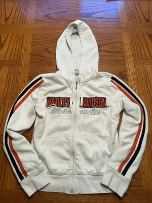 Sudadera con capucha y cremallera para mujer Harley-Davidson blanca/naranja, talla XS Y2K  Foto 1 de 4