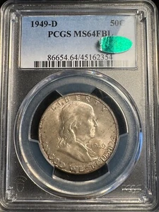 PCGS MS64 FBL 1949-D Franklin Half Dollar Green CAC Sticker Full Bell Lines - Picture 1 of 2