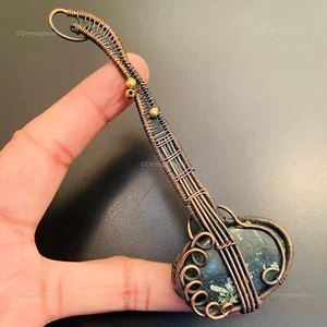 Copper Oval Agate Stone Daughter Wire Wrap Handmade Boho Guitar Unique Pendant - Picture 1 of 3