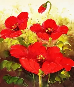 8x10- Stretched- Red Poppy- #1,  Oil Painting on Canvas-(Not Framed) - Picture 1 of 6