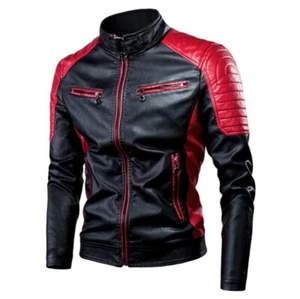 2024 Herren Motorrad Spleißen Lederjacke Kragen Vintage Ledermantel Outwear - Bild 1 von 19