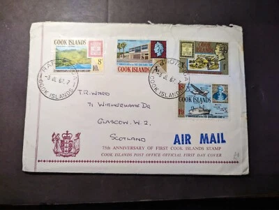 Cubierta de correo aéreo Islas Cook 1967 Rarotonga a Glasgow W2 Escocia Foto 1 de 2