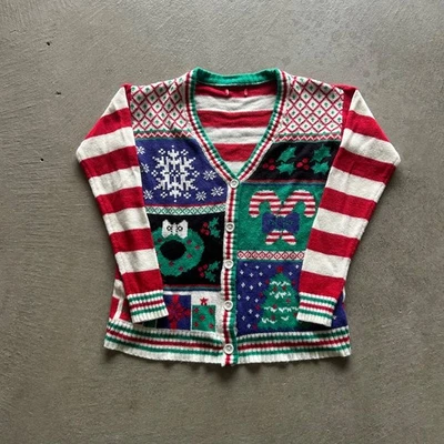 Cárdigan Suéter Vintage Navidad Talla Pequeña Multicolor Rayas Vacaciones Foto 1 de 4