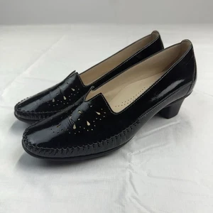 SAS Black Sonyo Patent Leather Laser Cut Slip On Heels Shoes Women's Sz 8 M - Picture 1 of 9