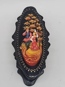 Vintage Russian Hand Painted Black Lacquer Trinket Box Golden Hair - Picture 1 of 7