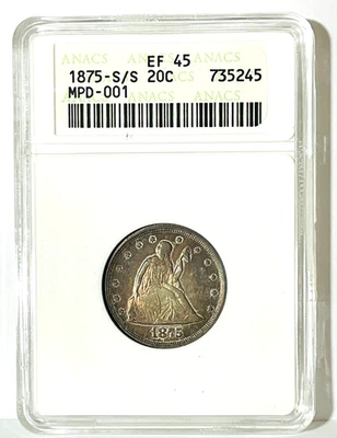 1875-S 20C Seated Liberty Silver RPM Scarce ANACS EF45 #275B - Image 1 of 4