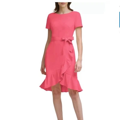 Nuevo con etiquetas Vestido Calvin Klein Coral Rosa Volantes Dobladillo Tulipán Elástico Crepé Cinturón Talla 4 Foto 1 de 4