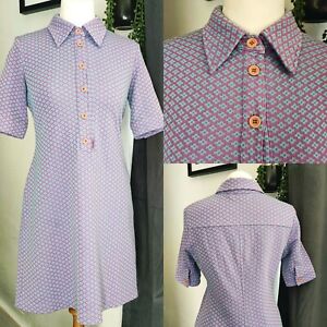 INVU Besti Belli Vintage 90s does 70s Purple Blue Collar Shirt Funky Dress Mod 