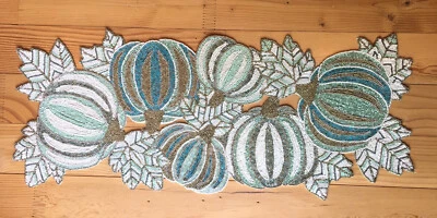 Nicole Miller Beaded Blue Green Pumpkin Table Runner Centerpiece Fall Decor 37" - Image 1 of 4