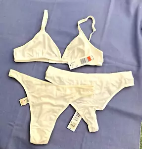 DKNY sz L Wire-free Bra + 2 sz L Thong panties white cotton blend new old stock - Picture 1 of 20