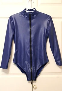 Meise Long-sleeved Faux Leather Leotard, Multi Zipper/Zip thru Crotch, L, Blue - Picture 1 of 8