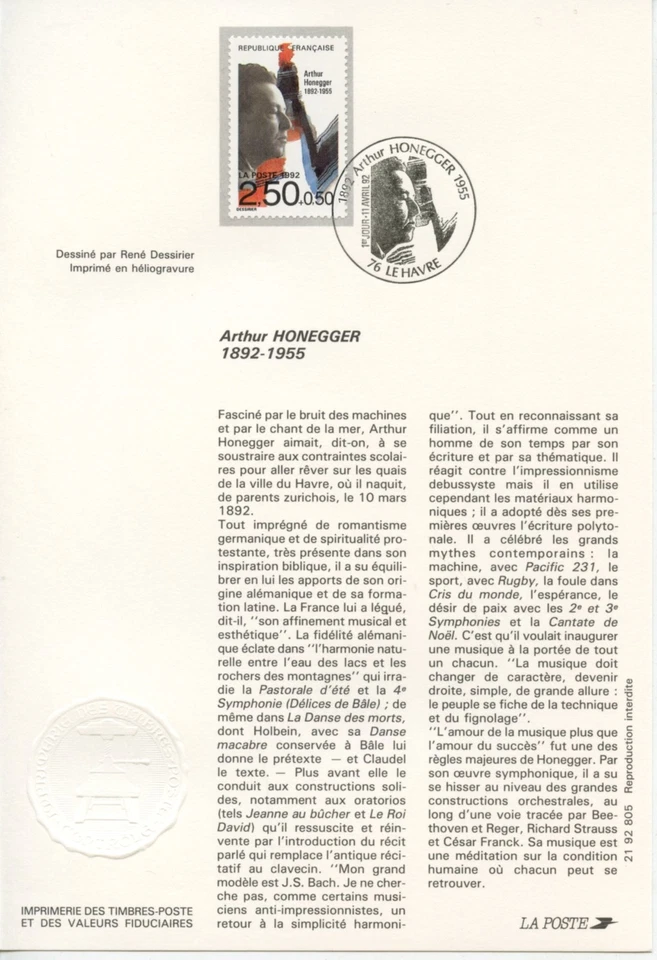 Fdc / First Day / Arthur Honegger / Le Havre 1992 - Imagem 1 de 1