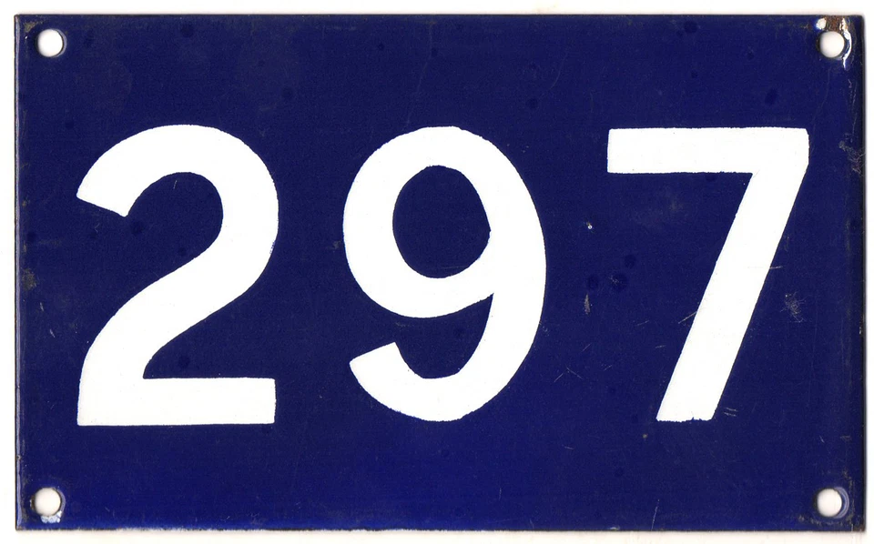 Antiguo letrero de metal esmaltado puerta puerta número 297 casa usada australiana en azul francés Foto 1 de 1