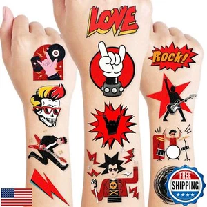 8 Fogli (96PCS) Tatuaggi Rock N Roll Temporanei Tema Rock Festa Compleanno Dec - Foto 1 di 5