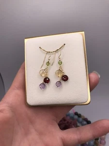 14k Multi Gemstone Earrings Coin Briolette Peridot Citrine Garnet Handmade - Picture 1 of 13