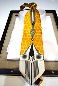 Garrington Silk Tie Necktie Yellow Black White Gold Art Deco - Picture 1 of 2