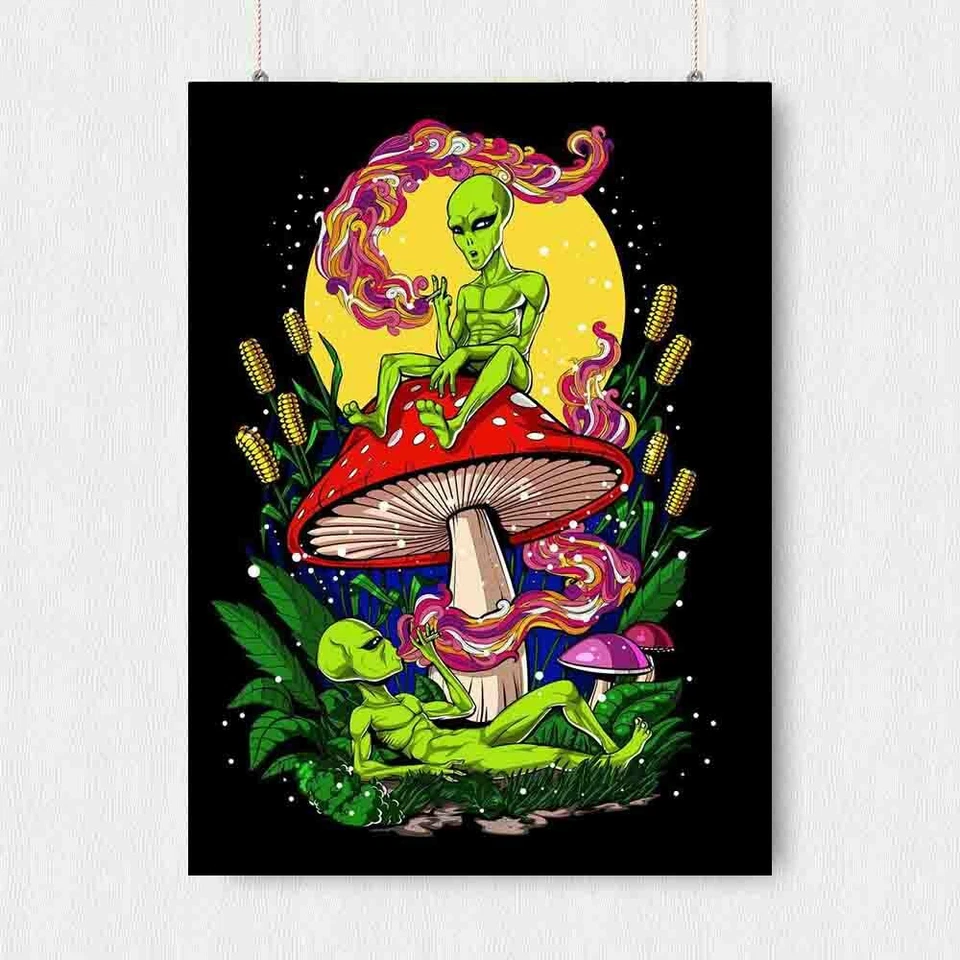 TRIPPY ALIEN POSTER SMOKING WEED MAGIC MUSHROOMS FANTASY POSTER ART SIZE A3 A4 - Image 1 of 1