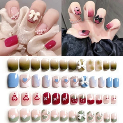 24Pcs Set French False Nails 3D Bows Short Square Full Artificial Press On Nails - Image 1 of 4