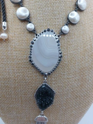 Precioso Collar PD Declaración Y Encaje Ágata Negro Druzy Estrás Imitación Perla  Foto 1 de 4