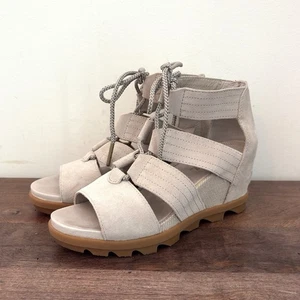 Sorel Wedge Sandals Womens 8.5 Gladiator Peep Toe Festival Taupe Joanie Lace Up - Picture 1 of 13