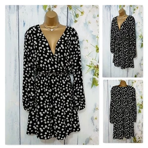 NEW MARKS AND SPENCER DRESS Size 18 , Black Floral Long Sleeve Wrap Dress - Picture 1 of 9