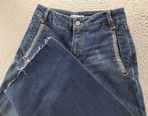 Pantalones de mezclilla OAT para mujer 0/25 azul tiro alto pierna ancha dobladillo deshilachado elástico preppy - Imagen 1 de 12