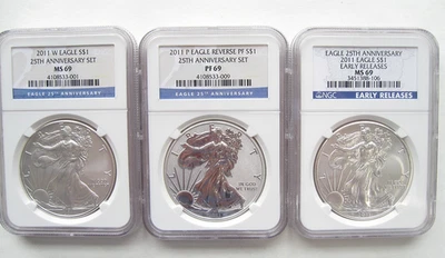 Набор из 3 монет 2011 - 25th Anniversary Eagles - NGC MS69 PF69 - реверс пруф - Изображение 1 из 2