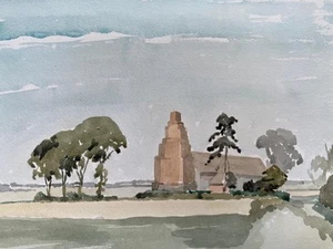 WATERCOLOUR CHURCH & TREES PASTEL COLOURS LANDSCAPE Peter Arnold - Picture 1 of 2