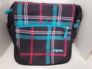 Jansport Messenger Tote Laptop School Work Bag Teal Black Pink Plaid - Picture 1 of 4