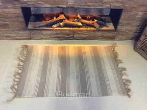 Stripe Natural Cream Grey Eco Friendly Cotton Jute Reversible Washable Kilim Rug - Picture 1 of 8