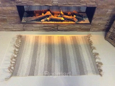 Stripe Natural Cream Grey Eco Friendly Cotton Jute Reversible Washable Kilim Rug - Image 1 of 4