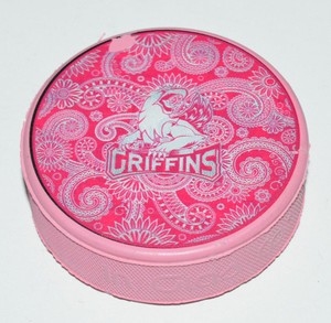 GRAND RAPIDS GRIFFINS Team Logo on PINK COLORED AHL SOUVENIR PUCK Chipped Logo