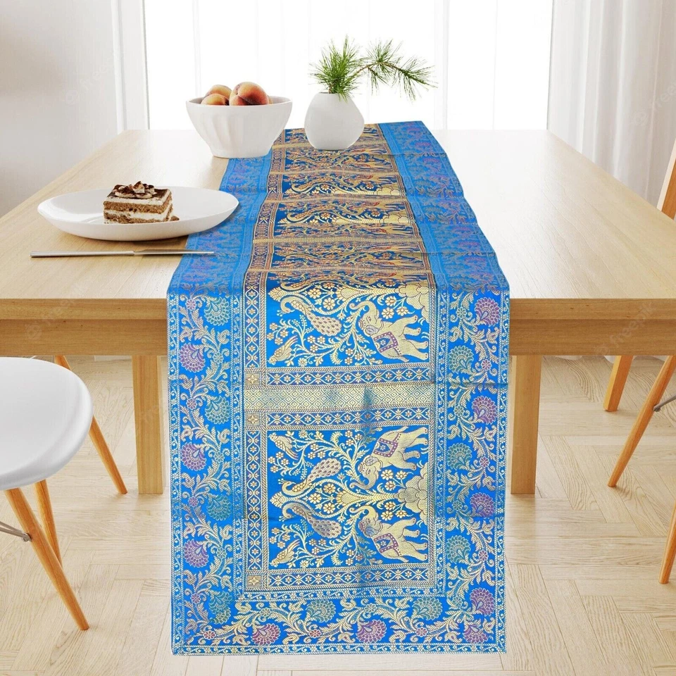 Indian Silk Brocade Christmas Decor Dining Table Runner Banarasi Runner 60X16 In - Image 1 of 3