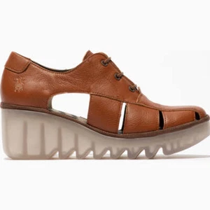 Fly London Women's BOGI466FLY Leather Lace-Up Wedge Shoes Tan Brown - Picture 1 of 11