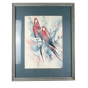 "Dipinto VINTAGE Bellissimo Due Pappagalli Acquerello FIRMATO di Terry Madden 17""X21" - Foto 1 di 8