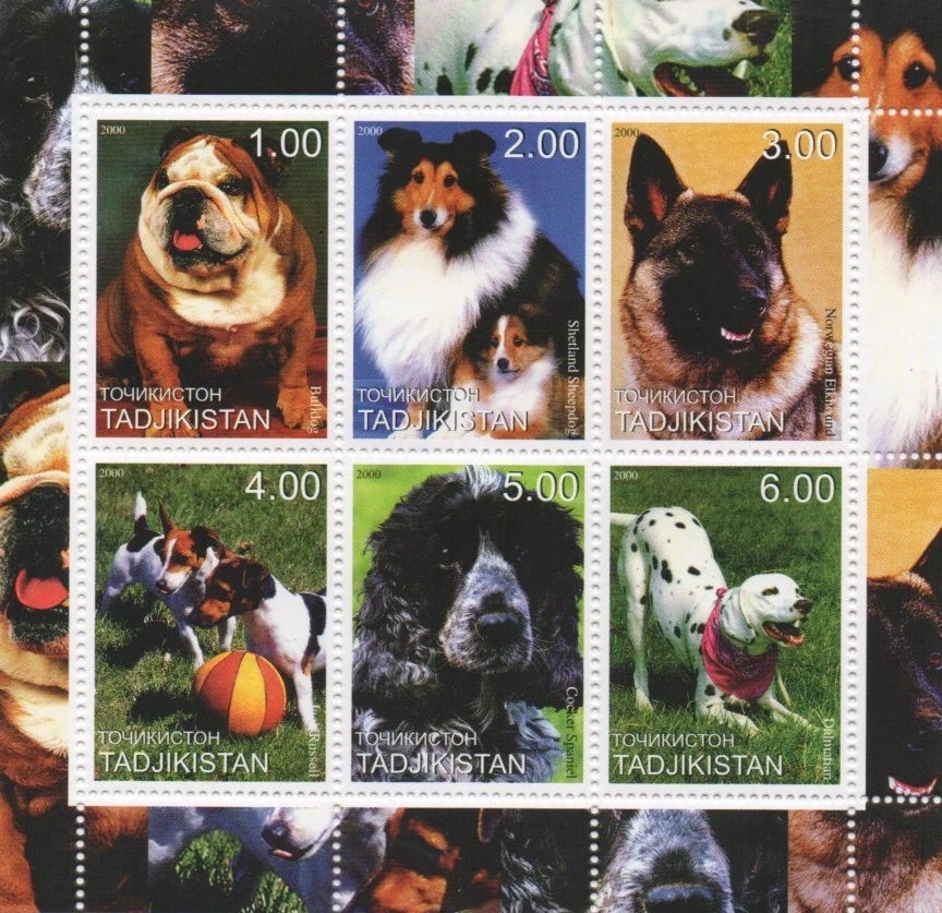 Hoja de estampillas Bulldog Shetland Sheepdog Jack Russell Cocker Spaniel Dalmation MNH Foto 1 de 1