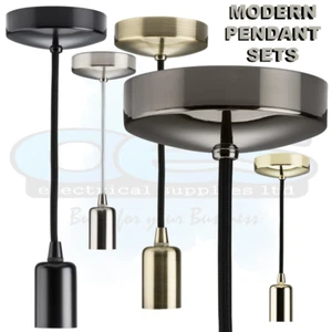 KNIGHTSBRIDGE 6" E27 CONTEMPORARY PENDANT SET MATT BLACK ANTIQUE BRASS CHROME - Picture 1 of 7