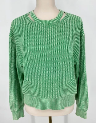 Suéter Monrow Para Mujer S Cuello Redondo Recortes Acanalado Tejido Waffle Algodón Verde Ácido Foto 1 de 4