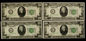 FR 2052-G $20 1928 B Federal Reserve Note - 4 Consecutive Notes UNC - CA1794 - Picture 1 of 2