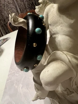 BRAZALETE BRAZALETE VINTAGE FIRMADO BARRERA 25 mm con diamantes de imitación y imitación de madera turquesa Foto 1 de 4