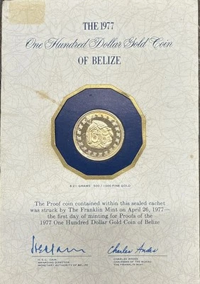 1977 Belize Gold Proof 100 Dollar Coin 0.5 Fine 0.0998 AGW Original Card - Image 1 of 4