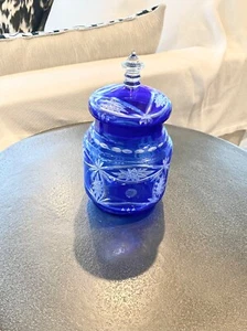 Vintage Böhmisches Glas Tschechisch Kobaltblau Schliff auf Klar Deckel Glas mit Deckel - Bild 1 von 7