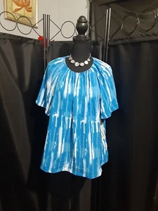 Worthington NWT Women's Blouse Short Sleeve Blue White Boho Blousen Coquette XXL - Picture 1 of 9