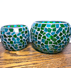 MOSAIC TEAL & GREEN ROUND GLASS CANDLE HOLDERS
